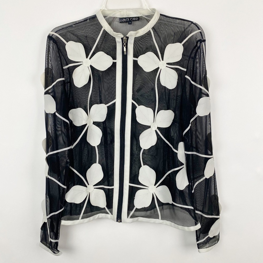 Dolce Cabo Floral Applique Mesh Jacket Womens Small Black‎ White Sheer Zip Up